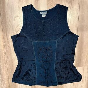 Just Cruising Dark Blue Floral Embroidered Tank Top Size L